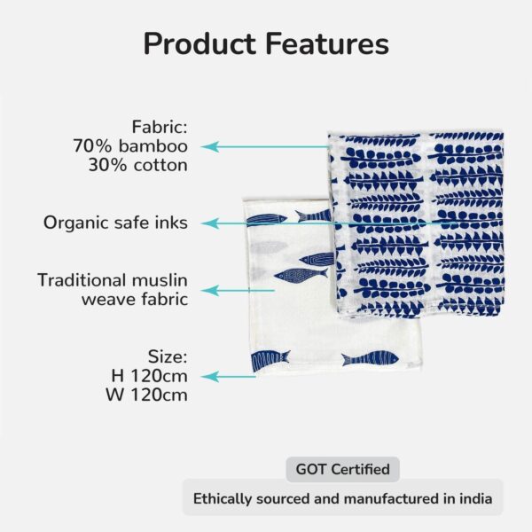 Indigo Aquarium & Indigo Ferns Combo Swaddles(120cmx120cm) - Pack of 2 - Image 2