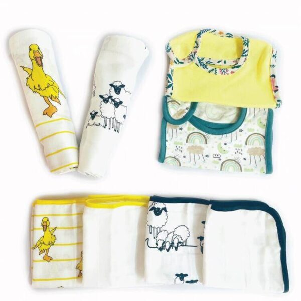 All in One Bamboo:Cotton Newborn Baby Gift Pack [Pack of 8 Pieces] - Duck & Plain Swaddles + Bibs + Washcloths