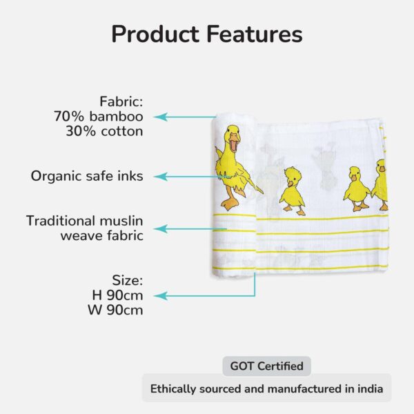 Dancing Duck Organic Bamboo Baby Swaddle | 90 x 90 cm - Image 3